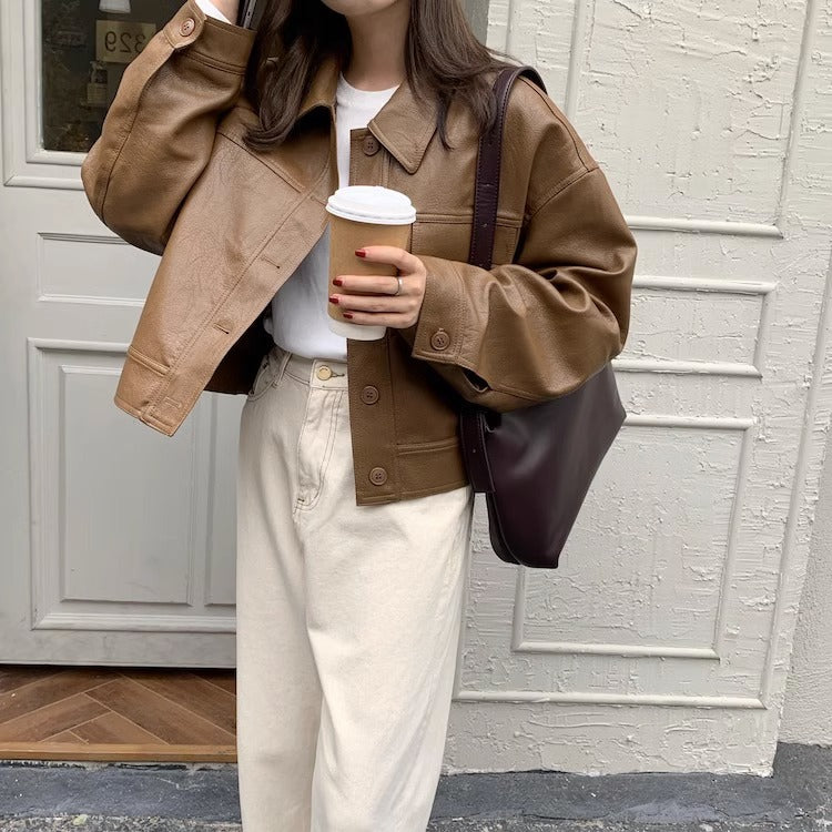 Women's short coat South Korea chic autumn niche handsome lapel single-breasted loose casual long-sleeved motorcycle clothing leather coat