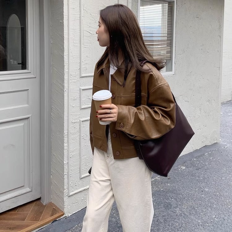 Women's short coat South Korea chic autumn niche handsome lapel single-breasted loose casual long-sleeved motorcycle clothing leather coat