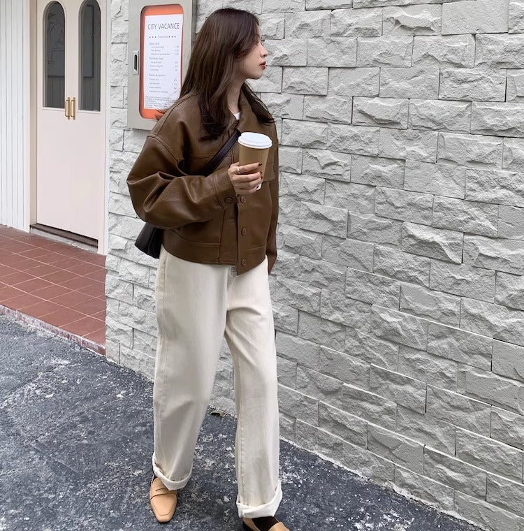 Women's short coat South Korea chic autumn niche handsome lapel single-breasted loose casual long-sleeved motorcycle clothing leather coat