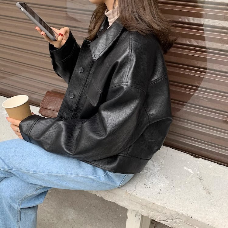 Women's short coat South Korea chic autumn niche handsome lapel single-breasted loose casual long-sleeved motorcycle clothing leather coat