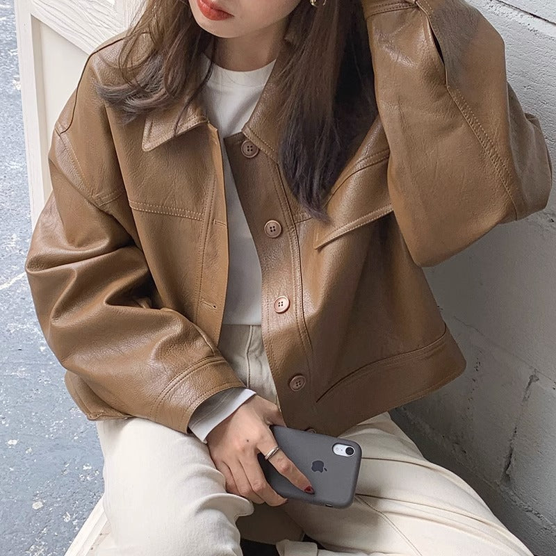 Women's short coat South Korea chic autumn niche handsome lapel single-breasted loose casual long-sleeved motorcycle clothing leather coat