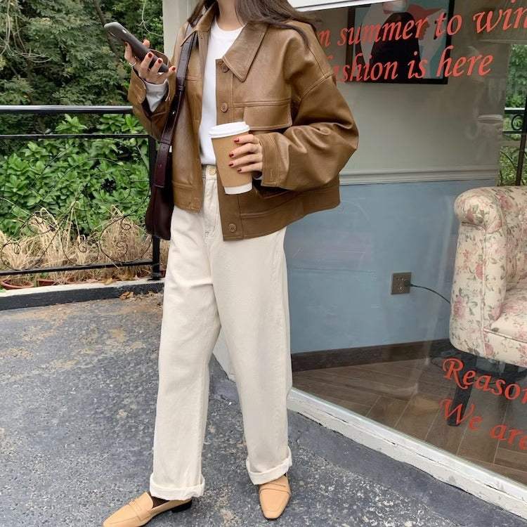 Women's short coat South Korea chic autumn niche handsome lapel single-breasted loose casual long-sleeved motorcycle clothing leather coat
