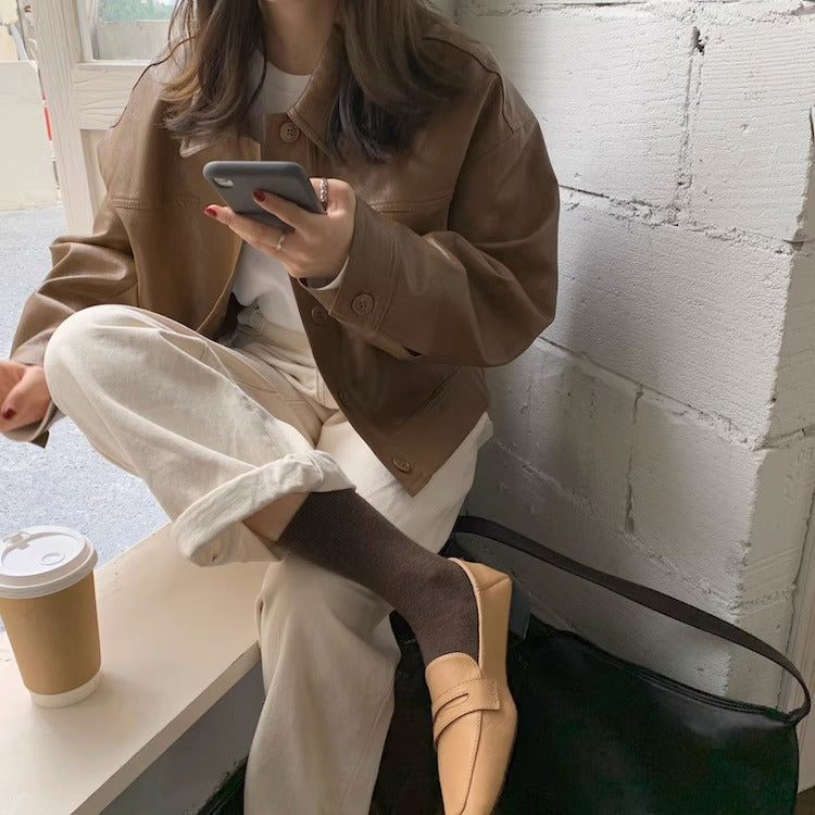 Women's short coat South Korea chic autumn niche handsome lapel single-breasted loose casual long-sleeved motorcycle clothing leather coat