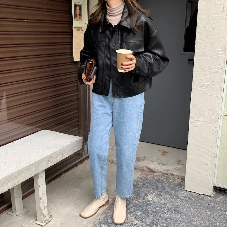 Women's short coat South Korea chic autumn niche handsome lapel single-breasted loose casual long-sleeved motorcycle clothing leather coat