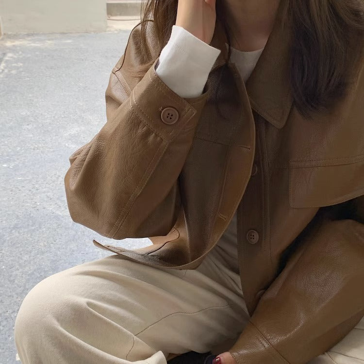 Women's short coat South Korea chic autumn niche handsome lapel single-breasted loose casual long-sleeved motorcycle clothing leather coat