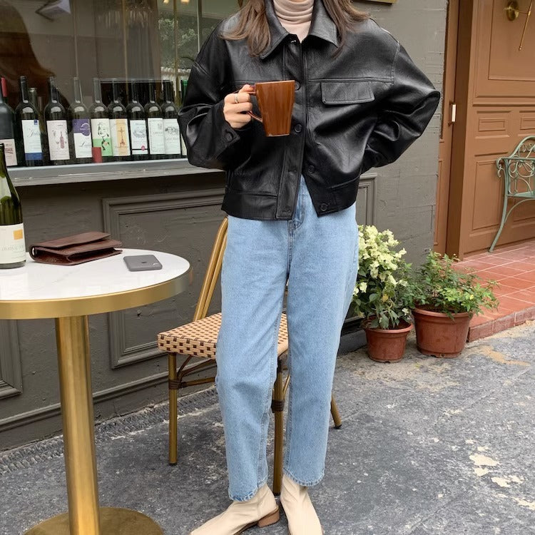 Women's short coat South Korea chic autumn niche handsome lapel single-breasted loose casual long-sleeved motorcycle clothing leather coat