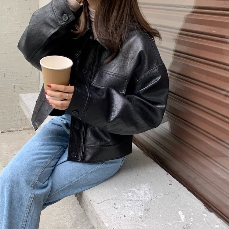 Women's short coat South Korea chic autumn niche handsome lapel single-breasted loose casual long-sleeved motorcycle clothing leather coat