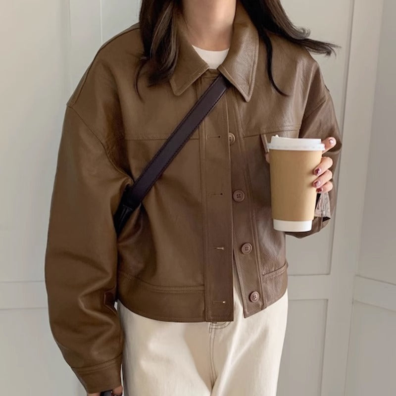 Women's short coat South Korea chic autumn niche handsome lapel single-breasted loose casual long-sleeved motorcycle clothing leather coat