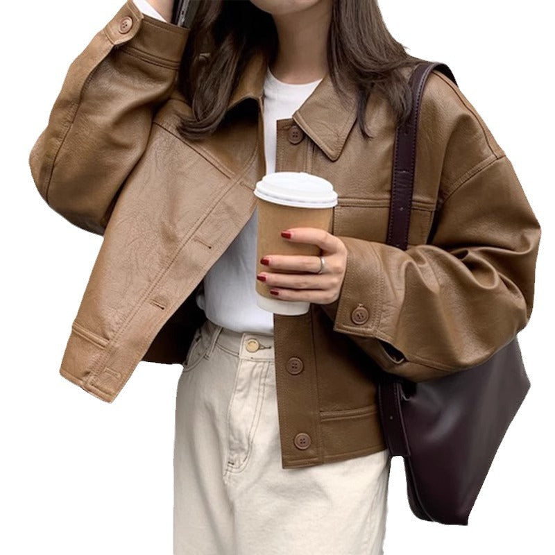 Women's short coat South Korea chic autumn niche handsome lapel single-breasted loose casual long-sleeved motorcycle clothing leather coat