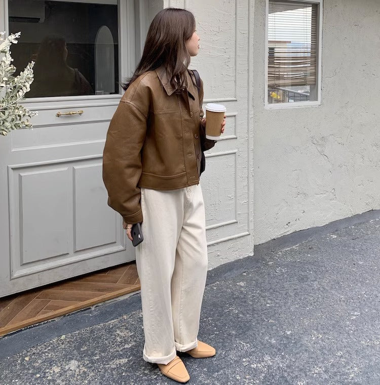 Women's short coat South Korea chic autumn niche handsome lapel single-breasted loose casual long-sleeved motorcycle clothing leather coat
