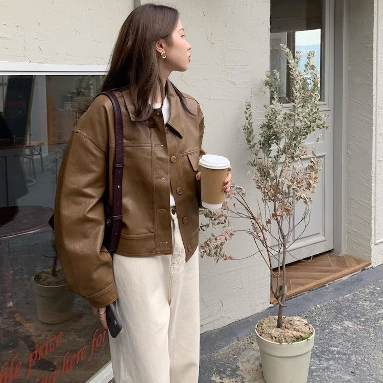 Women's short coat South Korea chic autumn niche handsome lapel single-breasted loose casual long-sleeved motorcycle clothing leather coat