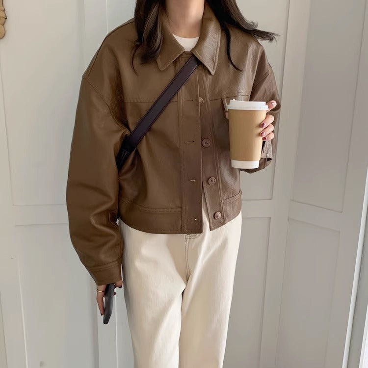 Women's short coat South Korea chic autumn niche handsome lapel single-breasted loose casual long-sleeved motorcycle clothing leather coat