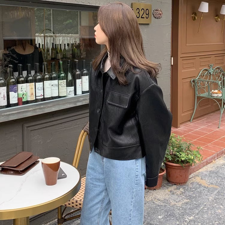 Women's short coat South Korea chic autumn niche handsome lapel single-breasted loose casual long-sleeved motorcycle clothing leather coat