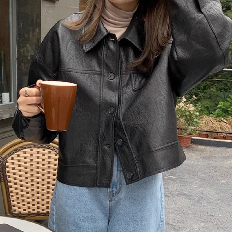 Women's short coat South Korea chic autumn niche handsome lapel single-breasted loose casual long-sleeved motorcycle clothing leather coat