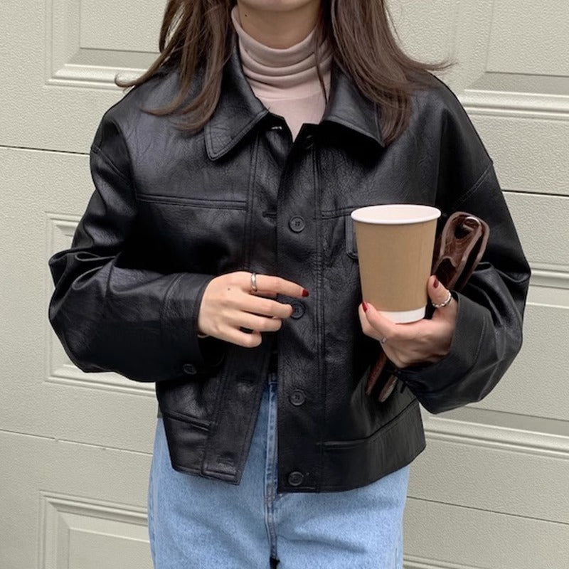 Women's short coat South Korea chic autumn niche handsome lapel single-breasted loose casual long-sleeved motorcycle clothing leather coat