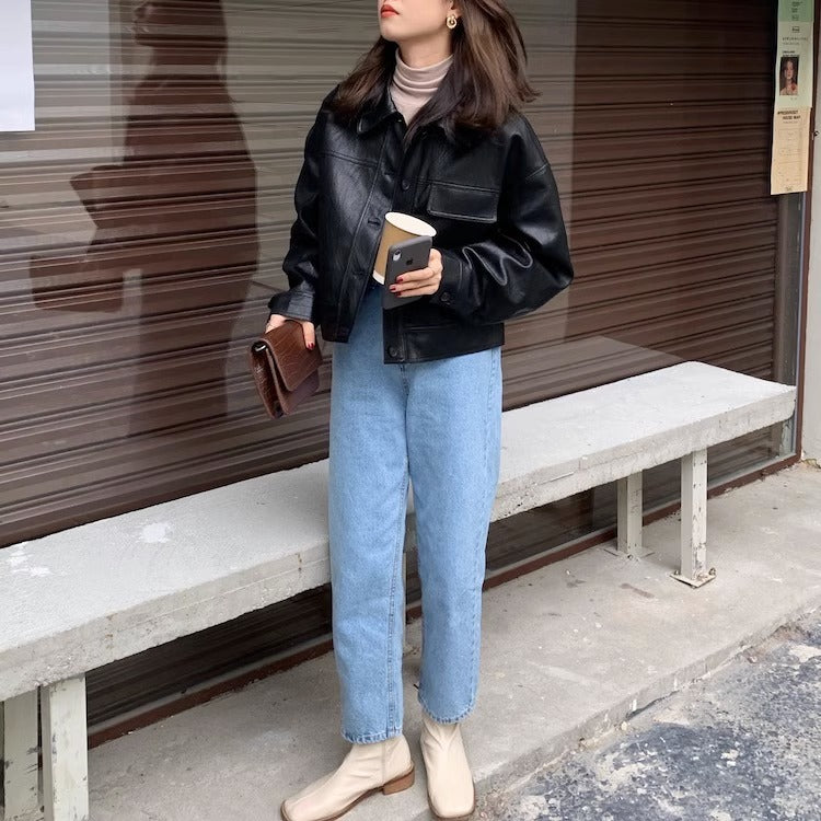 Women's short coat South Korea chic autumn niche handsome lapel single-breasted loose casual long-sleeved motorcycle clothing leather coat