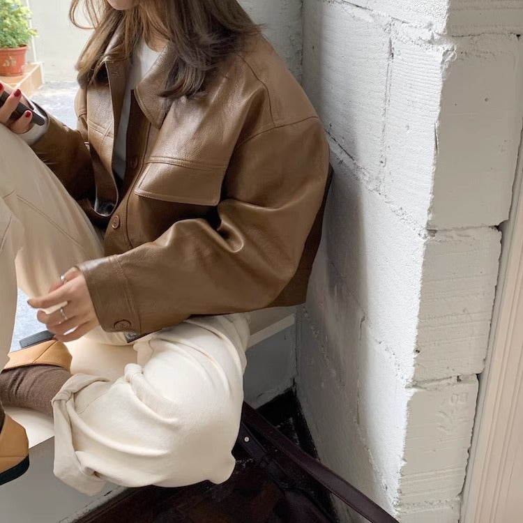 Women's short coat South Korea chic autumn niche handsome lapel single-breasted loose casual long-sleeved motorcycle clothing leather coat