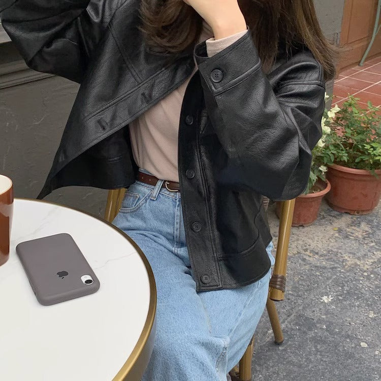 Women's short coat South Korea chic autumn niche handsome lapel single-breasted loose casual long-sleeved motorcycle clothing leather coat
