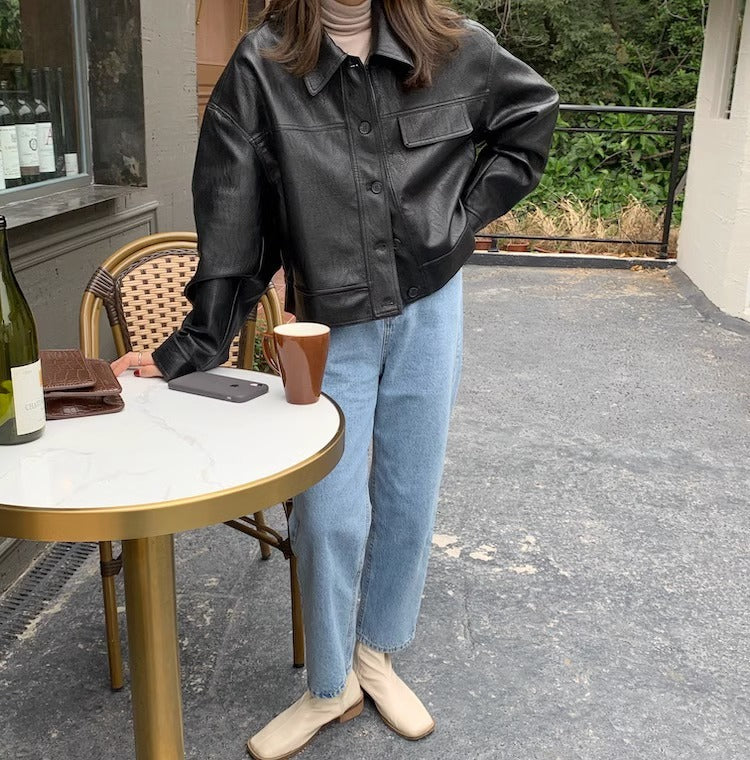 Women's short coat South Korea chic autumn niche handsome lapel single-breasted loose casual long-sleeved motorcycle clothing leather coat
