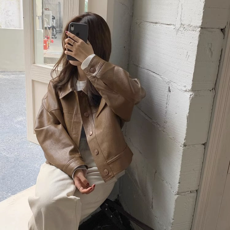 Women's short coat South Korea chic autumn niche handsome lapel single-breasted loose casual long-sleeved motorcycle clothing leather coat