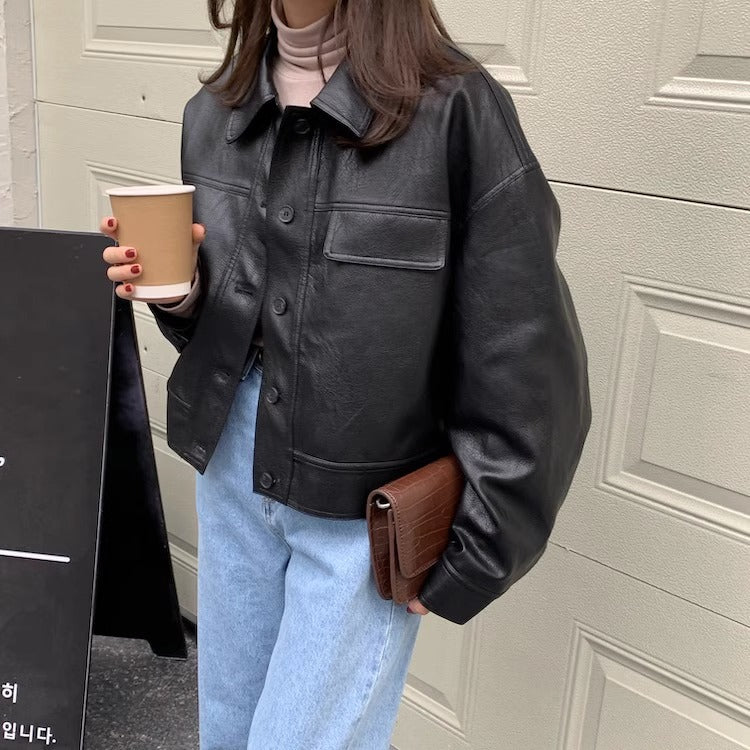Women's short coat South Korea chic autumn niche handsome lapel single-breasted loose casual long-sleeved motorcycle clothing leather coat