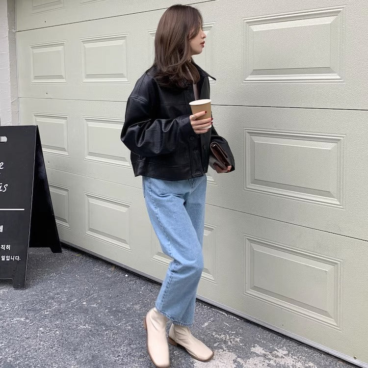 Women's short coat South Korea chic autumn niche handsome lapel single-breasted loose casual long-sleeved motorcycle clothing leather coat