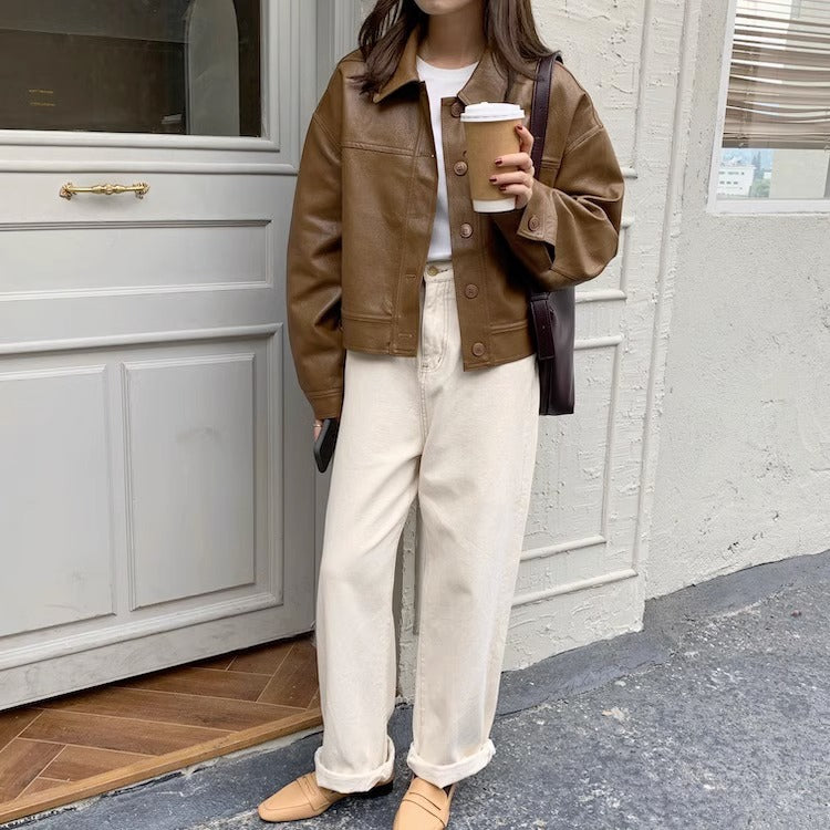 Women's short coat South Korea chic autumn niche handsome lapel single-breasted loose casual long-sleeved motorcycle clothing leather coat