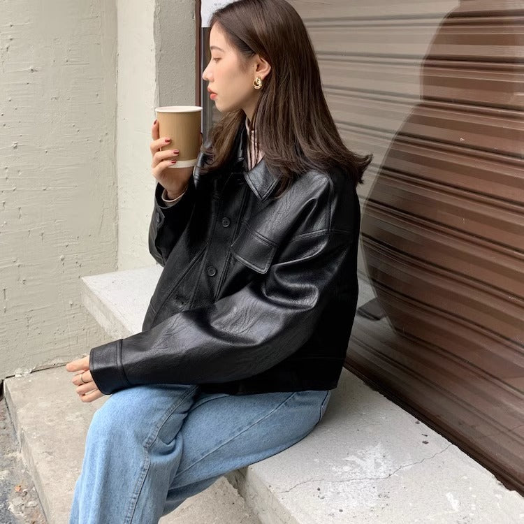 Women's short coat South Korea chic autumn niche handsome lapel single-breasted loose casual long-sleeved motorcycle clothing leather coat
