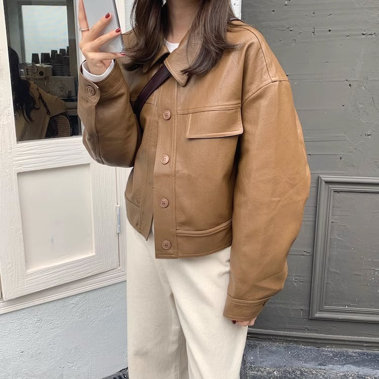 Women's short coat South Korea chic autumn niche handsome lapel single-breasted loose casual long-sleeved motorcycle clothing leather coat
