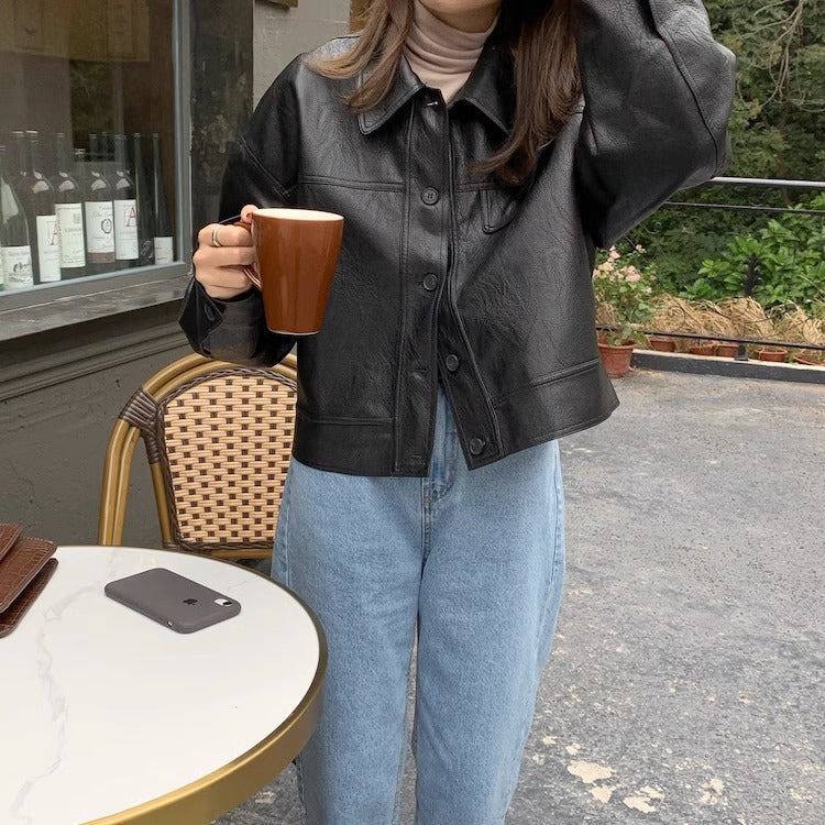 Women's short coat South Korea chic autumn niche handsome lapel single-breasted loose casual long-sleeved motorcycle clothing leather coat