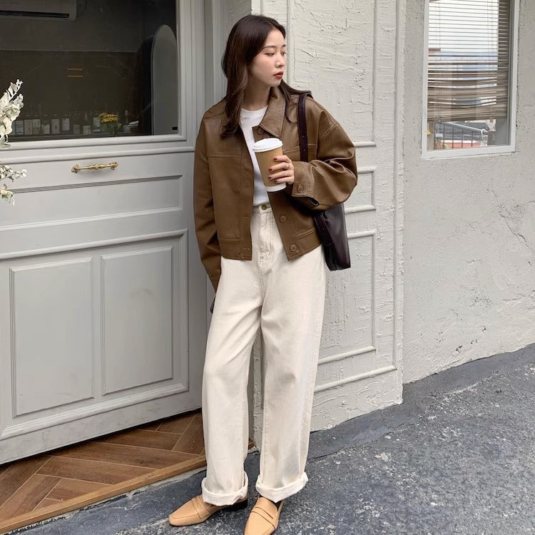 Women's short coat South Korea chic autumn niche handsome lapel single-breasted loose casual long-sleeved motorcycle clothing leather coat