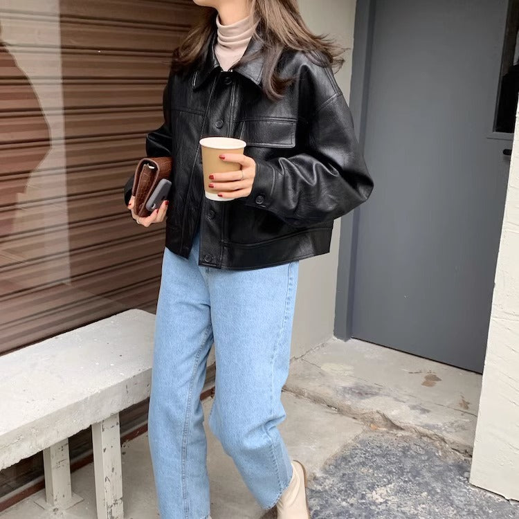 Women's short coat South Korea chic autumn niche handsome lapel single-breasted loose casual long-sleeved motorcycle clothing leather coat