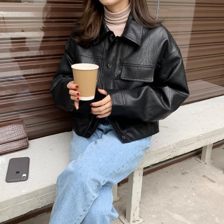 Women's short coat South Korea chic autumn niche handsome lapel single-breasted loose casual long-sleeved motorcycle clothing leather coat