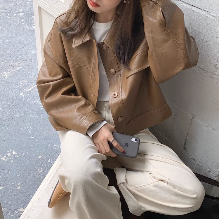 Women's short coat South Korea chic autumn niche handsome lapel single-breasted loose casual long-sleeved motorcycle clothing leather coat