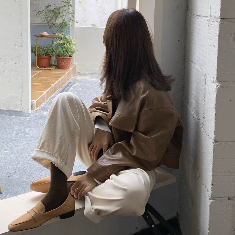 Women's short coat South Korea chic autumn niche handsome lapel single-breasted loose casual long-sleeved motorcycle clothing leather coat