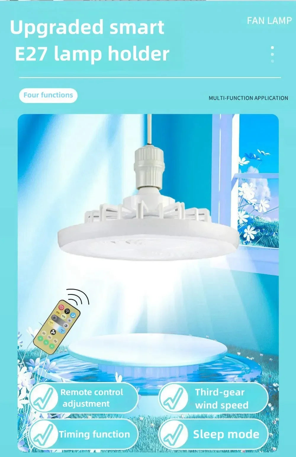  Smart 2 In 1 Ceiling Fan With Remote Control Lighting E27 Conversion Base  Lighting Base Suitable for Bedroom and Living