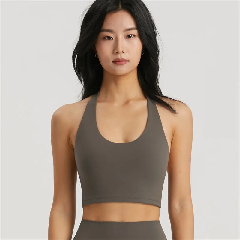 Solid Color U Shape Women Hanging Neck Sport Bra Comprehensive Training Halter Underwear Fitness Top Gym Yoga Chest Pad With Pad