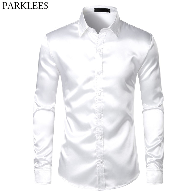 White Silk Satin Tuxedo Shirt Men 2026 Brand Long Sleeve Fitted Mens Dress Shirts Wedding Party Dance Male Casual Shirt Chemise
