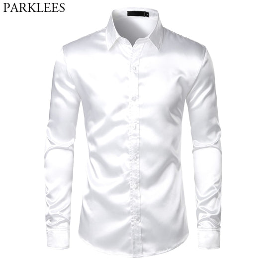 White Silk Satin Tuxedo Shirt Men 2026 Brand Long Sleeve Fitted Mens Dress Shirts Wedding Party Dance Male Casual Shirt Chemise