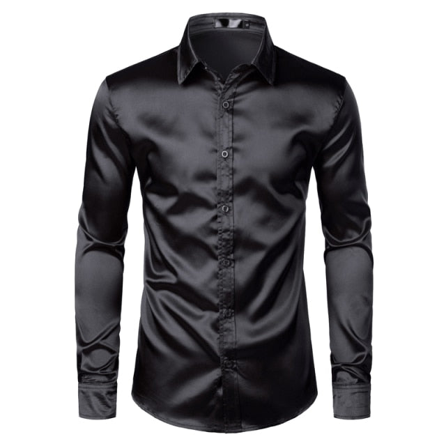 White Silk Satin Tuxedo Shirt Men 2026 Brand Long Sleeve Fitted Mens Dress Shirts Wedding Party Dance Male Casual Shirt Chemise