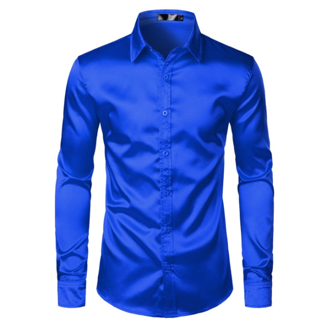 White Silk Satin Tuxedo Shirt Men 2026 Brand Long Sleeve Fitted Mens Dress Shirts Wedding Party Dance Male Casual Shirt Chemise