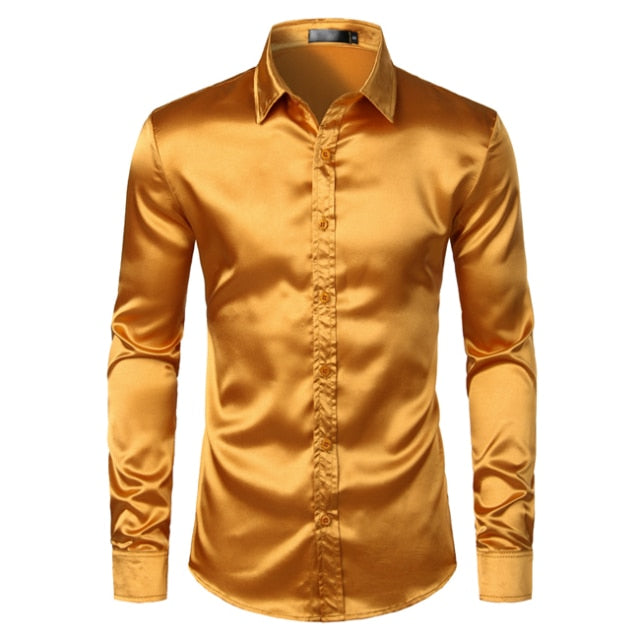 White Silk Satin Tuxedo Shirt Men 2026 Brand Long Sleeve Fitted Mens Dress Shirts Wedding Party Dance Male Casual Shirt Chemise