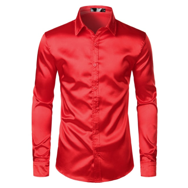 White Silk Satin Tuxedo Shirt Men 2026 Brand Long Sleeve Fitted Mens Dress Shirts Wedding Party Dance Male Casual Shirt Chemise