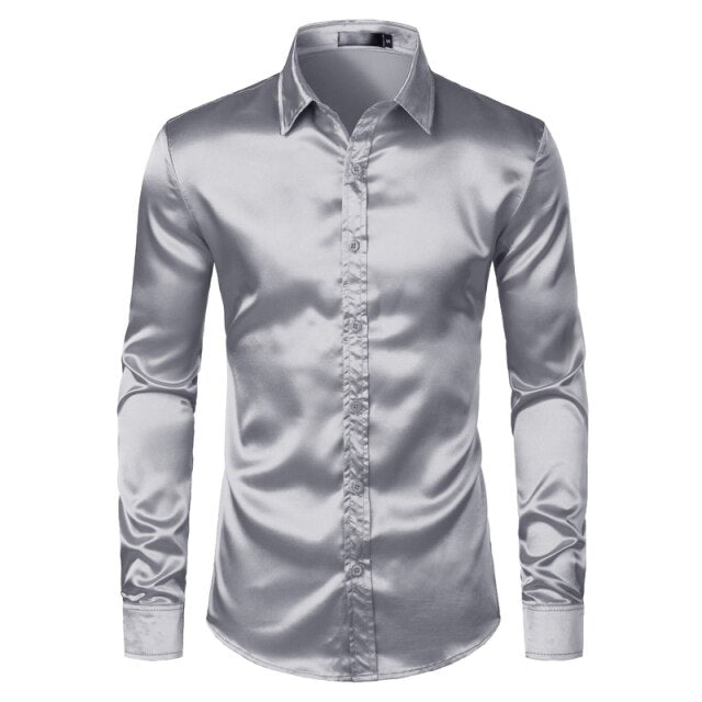 White Silk Satin Tuxedo Shirt Men 2026 Brand Long Sleeve Fitted Mens Dress Shirts Wedding Party Dance Male Casual Shirt Chemise