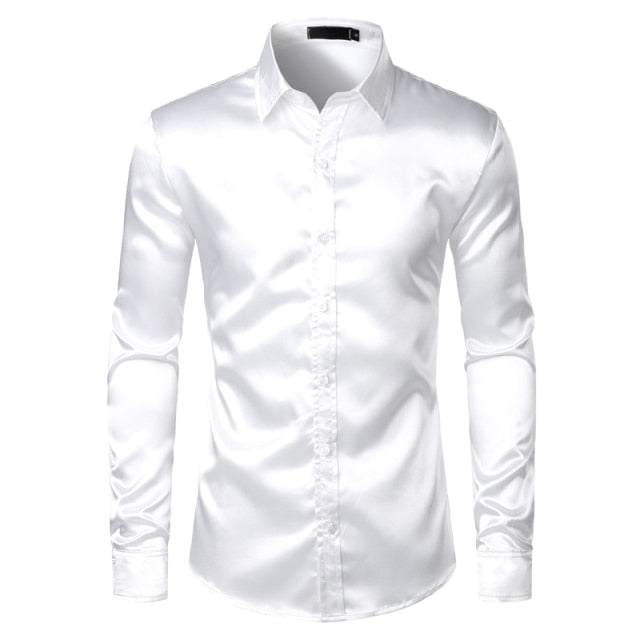 White Silk Satin Tuxedo Shirt Men 2026 Brand Long Sleeve Fitted Mens Dress Shirts Wedding Party Dance Male Casual Shirt Chemise