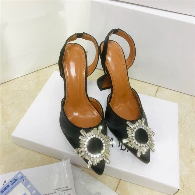 Spring 2021 new diamond buckle decoration satin pointed toe ladies high heels 9 cm heel height