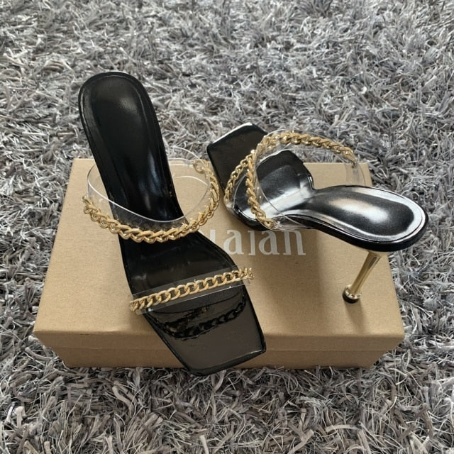 Summer Pumps Fashion Chain Slippers Sandals Shoes Women Thin High Heels Slip On Square Toe Slides Sandal Lady Pump Shoes Mules