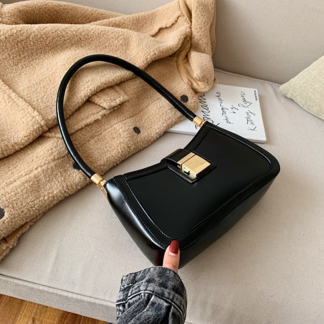 Solid Color PU Leather Shoulder Bags For Women 2021 Lock Handbags Small Travel Hand Bag Lady Fashion Bags