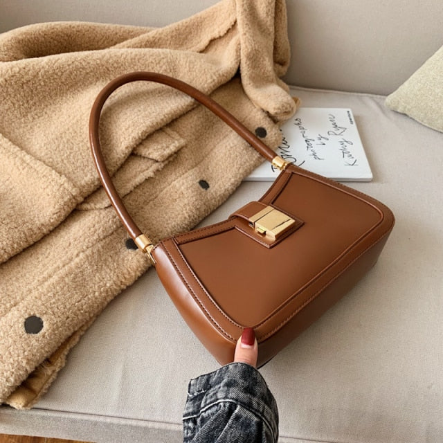 Solid Color PU Leather Shoulder Bags For Women 2021 Lock Handbags Small Travel Hand Bag Lady Fashion Bags