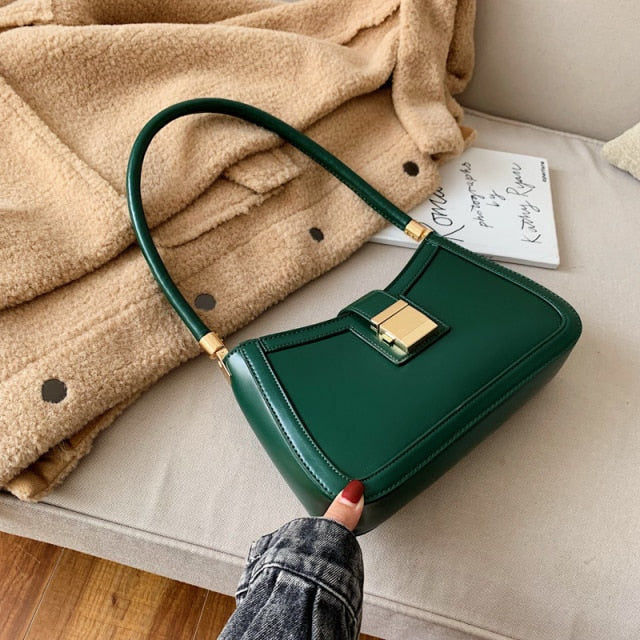 Solid Color PU Leather Shoulder Bags For Women 2021 Lock Handbags Small Travel Hand Bag Lady Fashion Bags